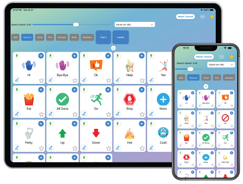 SayItBuddy app displayed on an iPad and iPhone